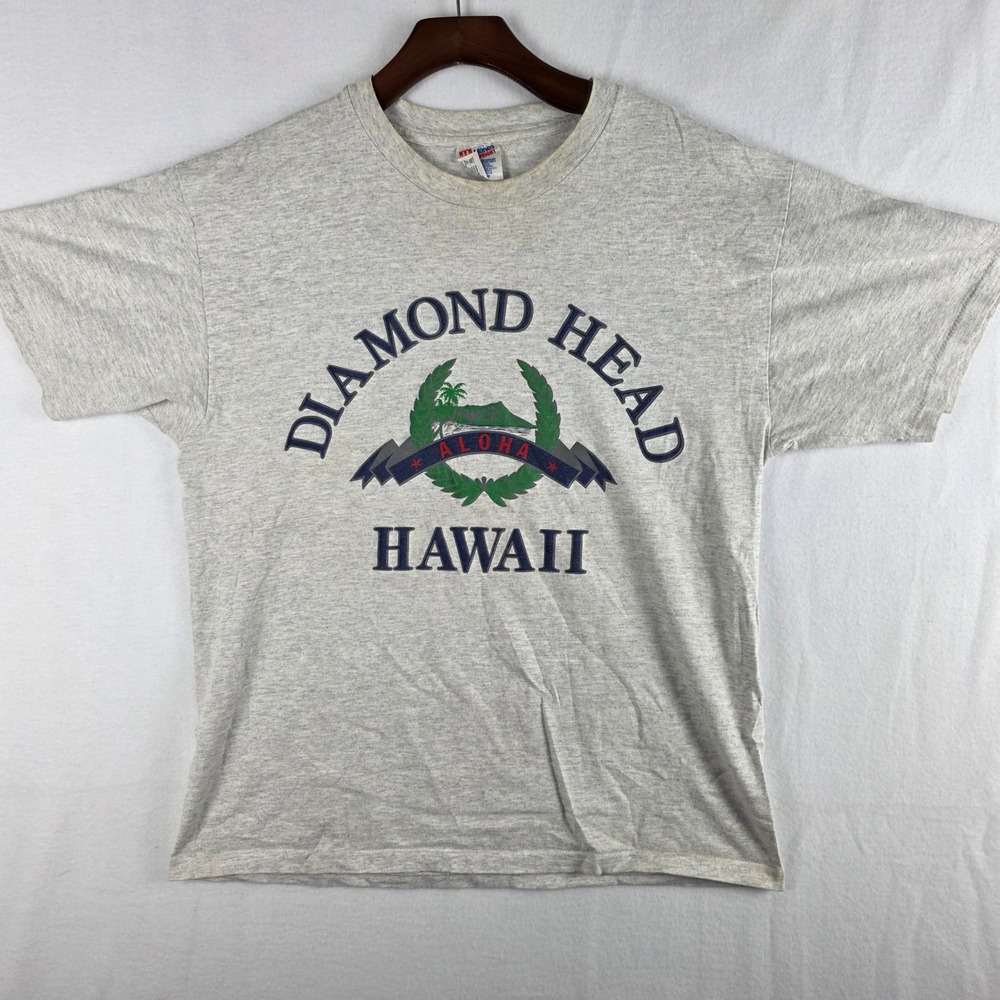 Hanes Diamond Head Hawaii Aloha Graphic T-Shirt Mens Large Gray Heavyweight